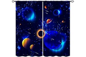 JANJCURT Outer Space Blackout Curtains Galaxy Solar System Planetary System Black and Blue Window Curtains for Kids Boys Girls Room Bedroom Decor Science Fiction Window Drapes 2 Panels 42x45 Inch