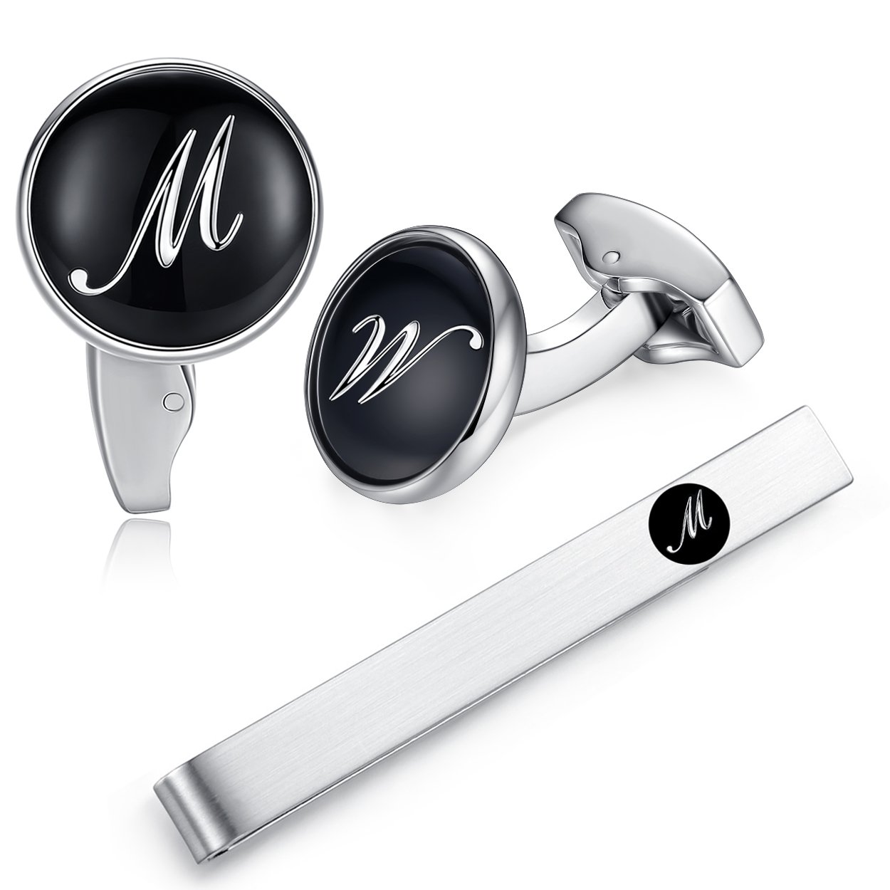 HONEY BEAR Initial Alphabet Letter Cufflinks Tie Clip Set for Mens - Black Round Stainless Steel, for Business Wedding Gift A - Z (M)