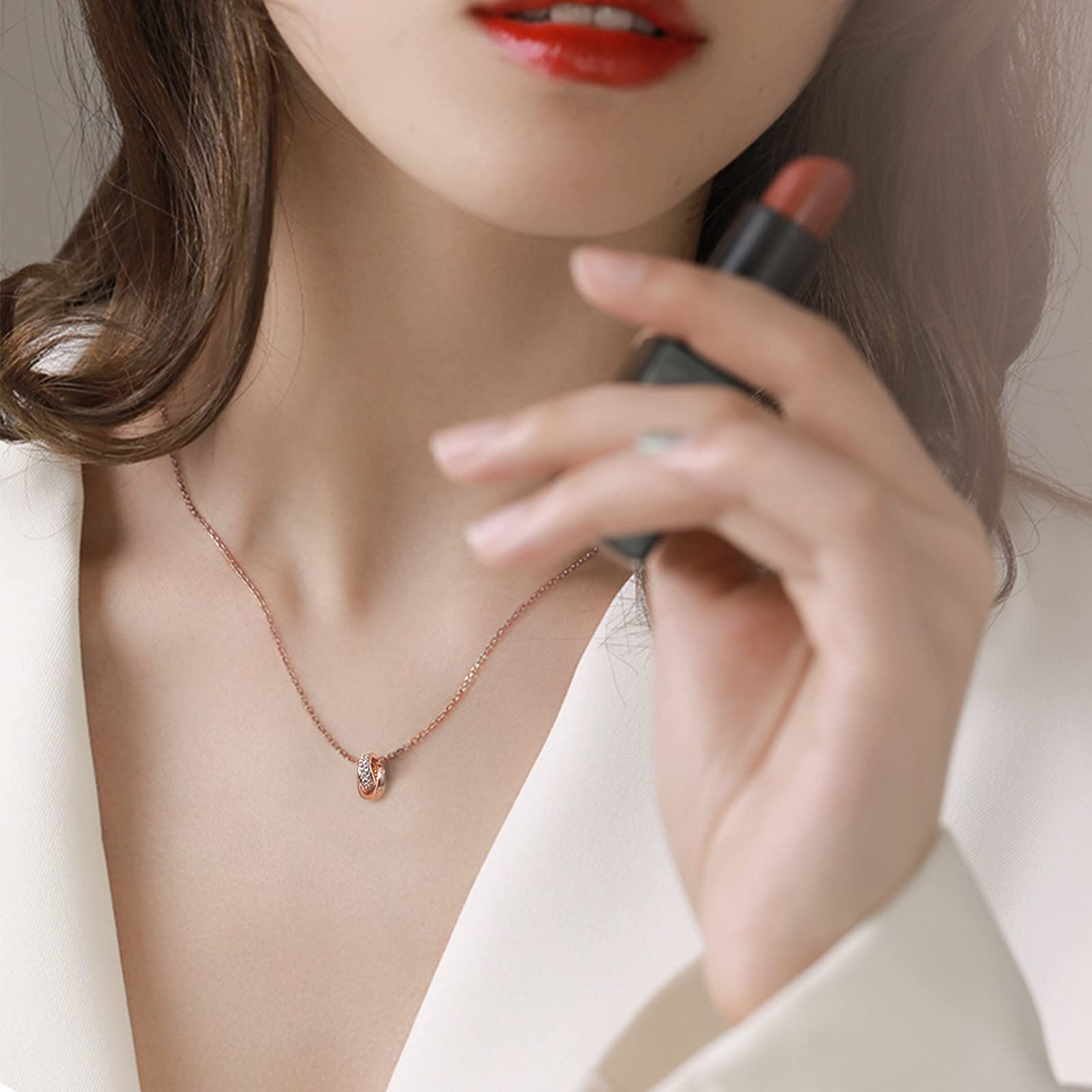 Pasurohu Women's Necklace, 18K Gold Coated, 925 Silver, Top Grade Cubic Zirconia Pendant, Double Ring, Rose Gold, Platinum, Adjuster, Hypoallergenic Metal, Genuine Jewelry, Gold Plated