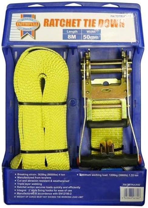 Faithfull TDTRUCK82 4500kg Trucker Breaking Strain Ratchet Tie Down, Multicoloured, 8m x 50mm - Image 3
