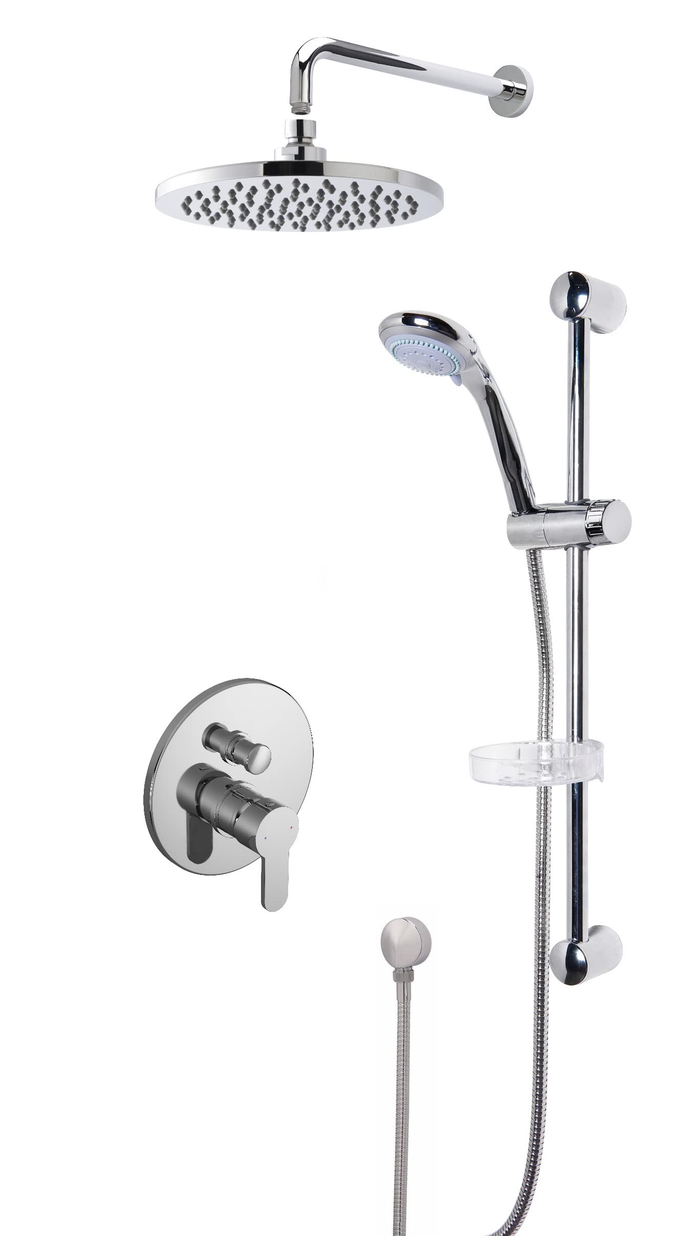 Nuie SBR16MV2 Bundle Modern Bathroom Concealed Manual Arvan Valve with Diverter, Curved Slide Rail Kit and Outlet Elbow, and Round Wall Mounted Arm and Fixed Shower Head, Chrome