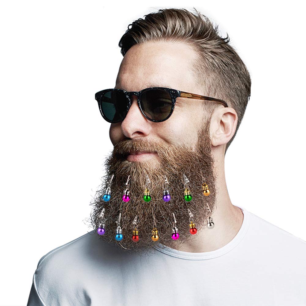 Faburo 16pcs Beard Christmas Baubles Clips and 4pcs Jingle Bells, Colorful Christmas Beard Hair Baubles Ornaments