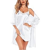 SWOMOG Women's Satin Robe Set 2 Piece Sexy Pajamas Sets Lace Cami Nightgown and Silk Robes Nightwear
