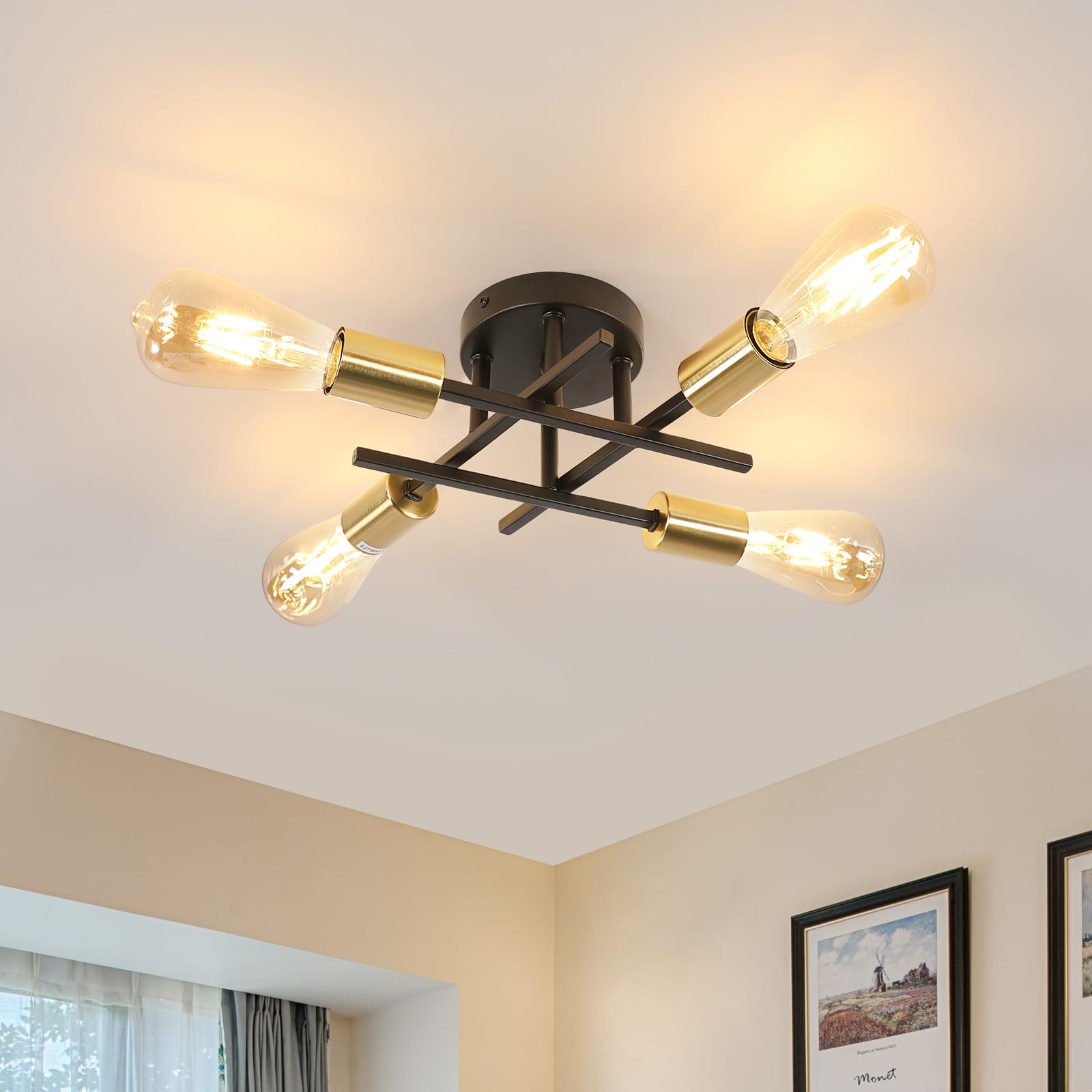 Dorlink Chandelier Light, 4 Lights Industrial Ceiling Light Black Gold, E27 Chandelier Lighting Vintage Semi Flush Mount for Living Room Bedroom Kitchen Dining Room Hallway Ø28CM (No Bulbs) — image 1