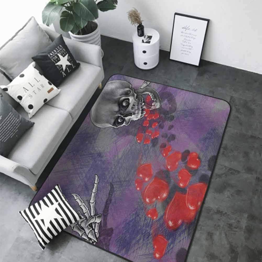 Bedroom Living Room Area Rug Skull,Skeleton in Love Throw Out Puke of Hearts Romantic Gesture Valentines Art,Grey Red and Purple 60"x 96" Camping Rugs for Outside