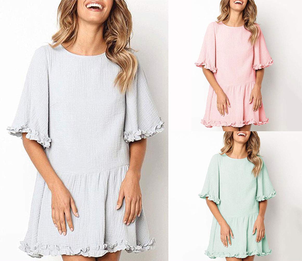 Womens Cotton Dresses Ruffles Decor - Plain Simple Loose Fit Mini Dress Green