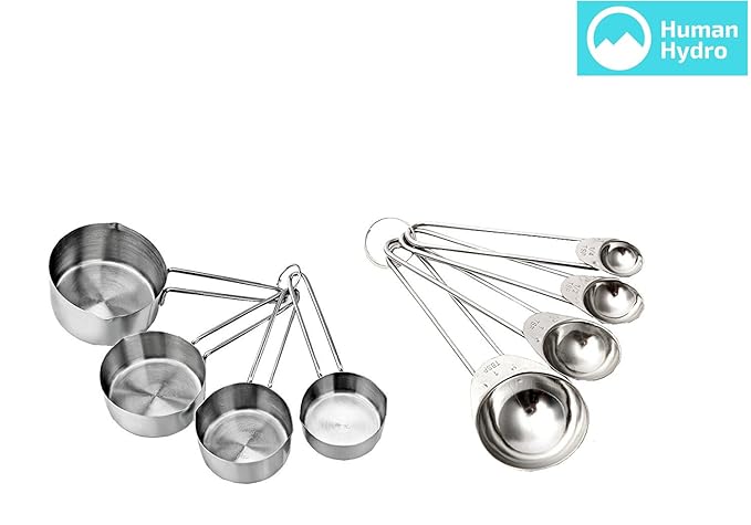 Human Hydro Stainless Steel Measuring Cups and Spoons Set - 8 Pieces - Free eBook - Grams - ML - Teaspoon - Tablespoon