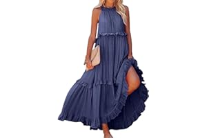 ZWRXW Summer Beach Dresses for Women 2024 Halter Tie Back Maxi Dress Long Tiered Ruffle Dress Sleeveless Flowy Boho Sundress
