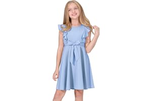 Quedoris Girls Ruffle Trim Dress Print and Solid Color A-line Swing Flared Belted Casual Party Dress with Zipper