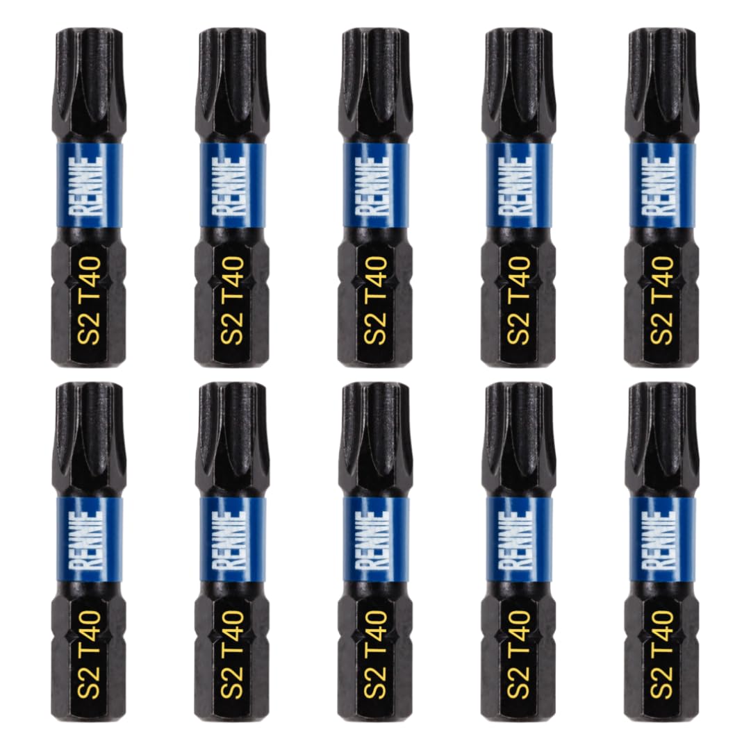 10 x Rennie Tools 32mm Long T40 TX40 Impact Screwdriver Driver Bits Set. Heavy Duty Magnetic Torx Screwdriver Bit Set. Black Oxide Coated Torx Impact Driver Bits. Torx Bit Set.