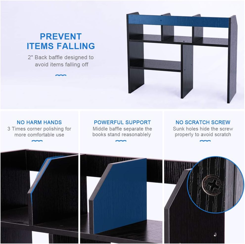 Desktop Bookshelf Wood Desk Organizer Shelf Bookcase with 6 Compartments Storage Shelves for Tabletop Books Holder Stand A4 A5 Paper File Sorter Spice Display Rack in Home Office, Black : Office Products