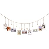KLOGTSIND Hanging Photo Display with Clips, 9 Wood Clips, Boho Picture Frames Collage Wall Decor, Photo Hanger for Office Cub