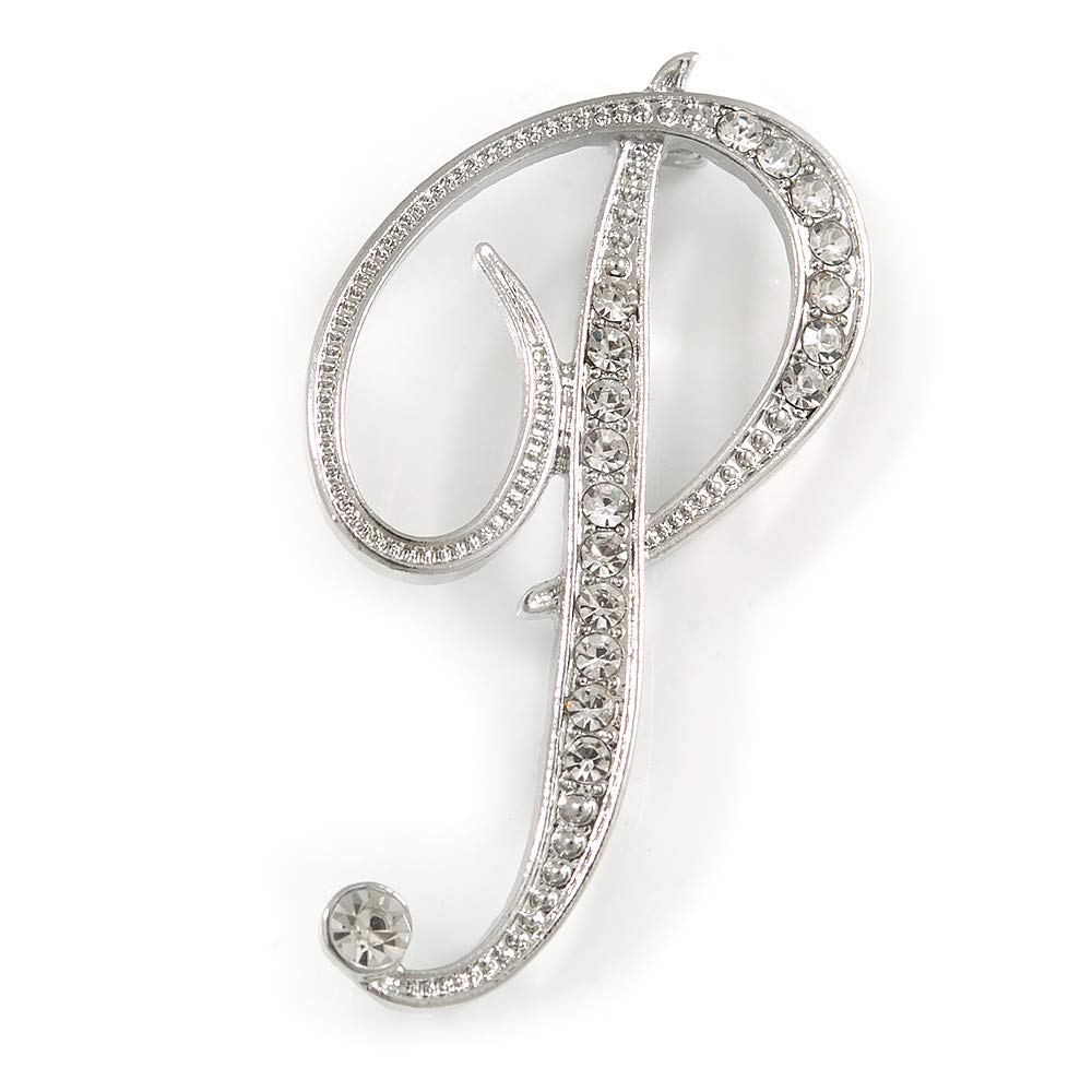 'P' Rhodium Plated Clear Crystal Letter P Alphabet Initial Brooch Personalised Jewellery Gift - 50mm Tall