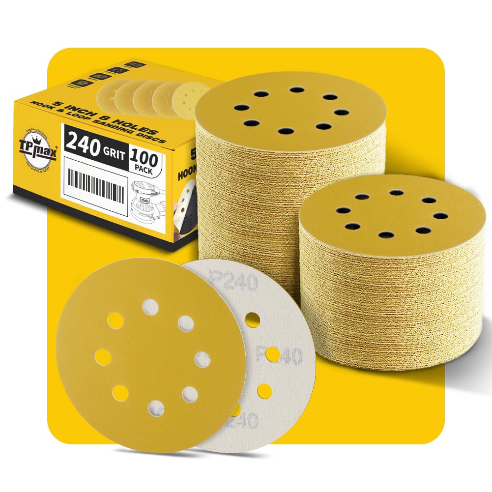 100PCS 125mm 8 Hole Sanding Discs Sandpaper, 240 Grit, Premium Gold Round Hook and Loop for Random Orbital Sander - Ideal for Wood, Metal, Automotive — image 1