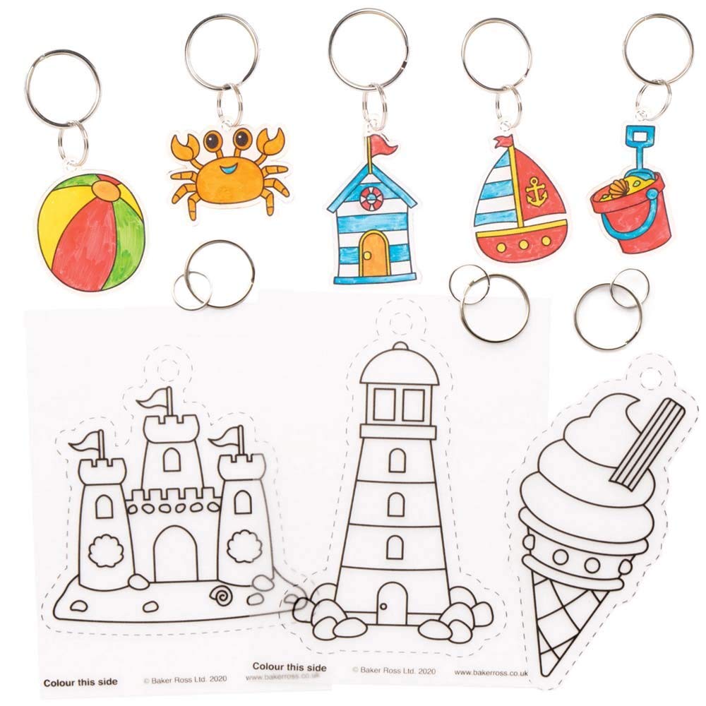 Baker Ross FE282 Seaside Super Shrink Keyrings - Pack of 8, Keyrings for Crafts to Colour In, Make and Display, Make Your Own for Kids