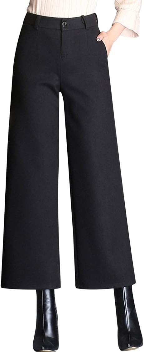 Tanming Women's Casual High Waist Trousers Wool Blend Cropped Wide Leg Pants  (X-Small, Black) at Amazon Women's Clothing store