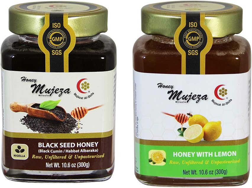 1 jar Black Seed + 1 jar Lemon Honey 300g/10.6oz Unheated - Raw - Unfiltered - Non GMO- Gluten Free and Unpasteurized Glass Jar (Bottle Container)