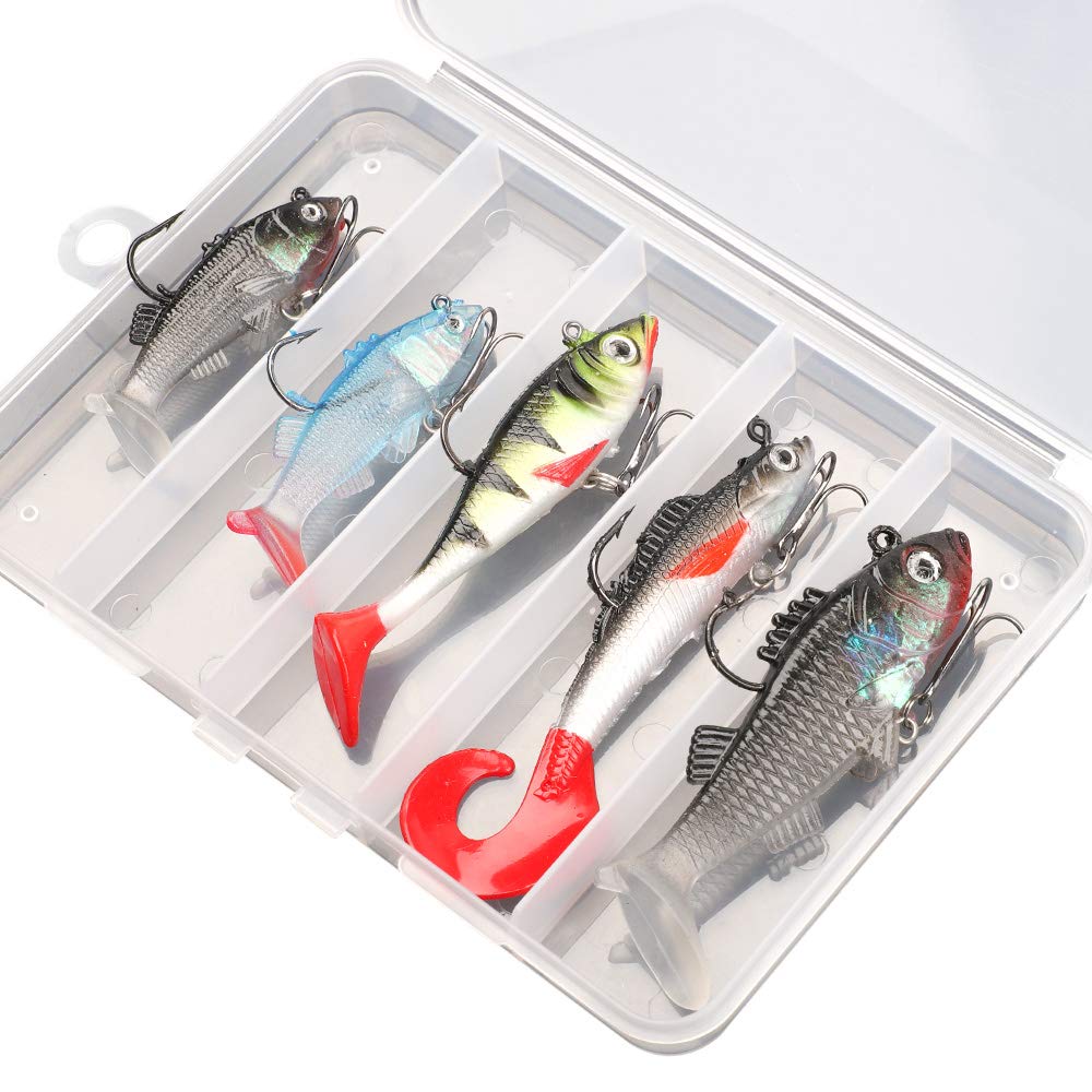 DONQL Soft Fishing Lures Kit, Fishing Lures Baits Tackle Set for Freshwater Trout Bass Salmon-Include Vivid Spinner Baits, Artificial Silicone Bass Baits With Box (5PCS)