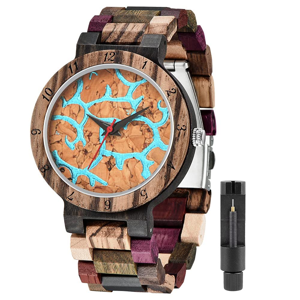 Tiong Brand Wooden Watches Mens with Handmade Colorful Bamboo Wood Watch Analog Date Quartz Wooden Watch for Men, Q1314, Quartz Movement