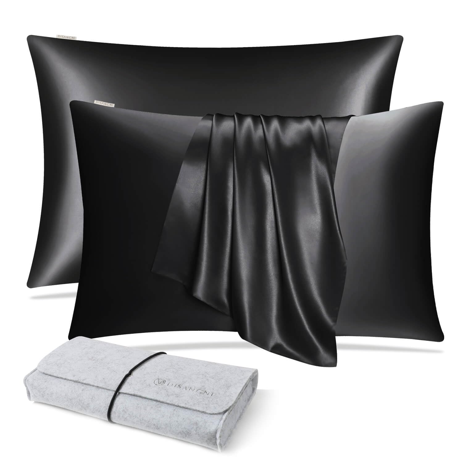 DISANGNI 100% Natural Mulberry Silk Pillow case for Hair and Skin with Hidden Zipper 22 Momme Both Sides Real Silk Pillow Case (2pc 50x75cm Black)