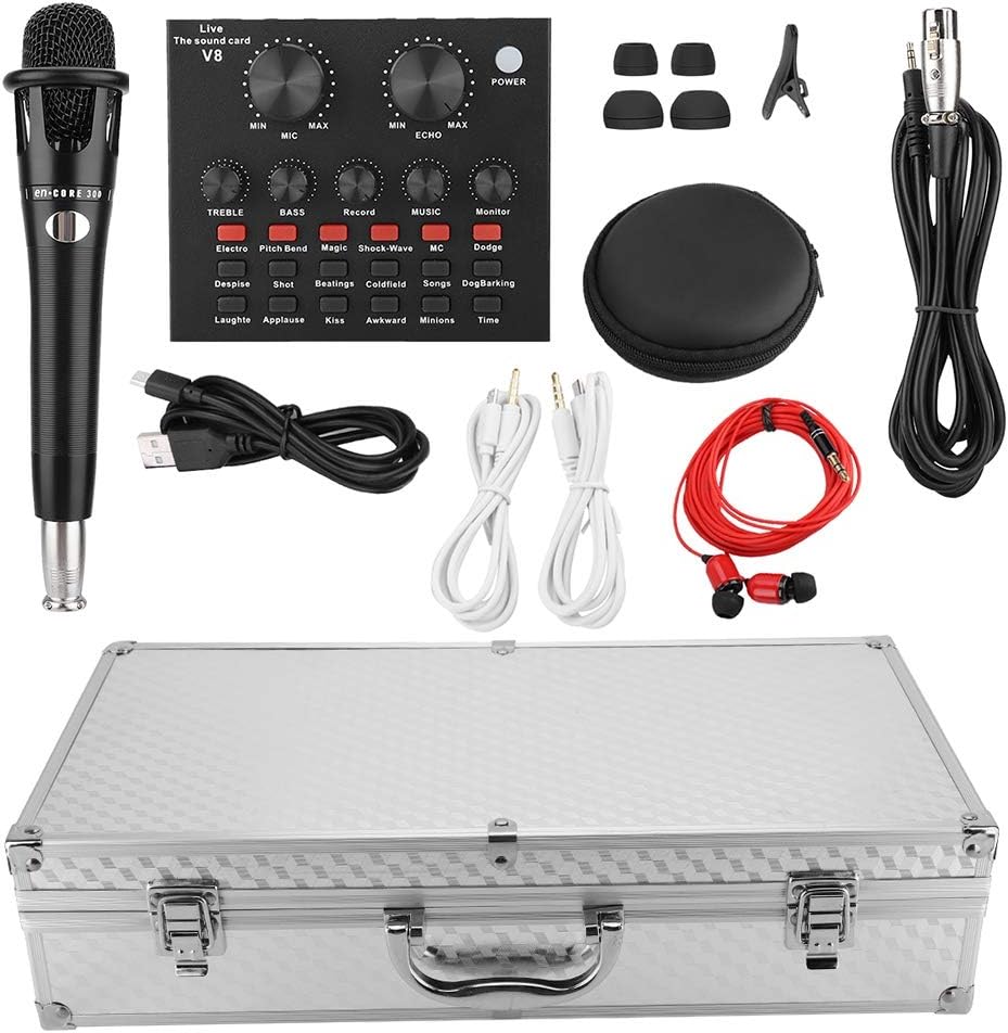 Qkiss Live Sound Card Set Condenser Microphone Portable v8 Voice Changer Device for Mobile Phone Computer Sound Card with Multiple Funny Sound Effect