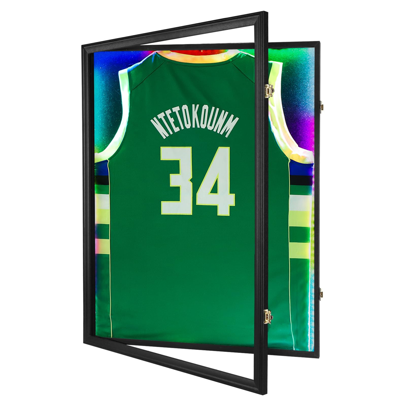 IHEIPYE LED Jersey Frame Display Case - Shadow Box with LED Light - Black Lock, 98% UV Resistant Acrylic Wall Mount Display Case for Football, Baseball, Basketball Jersey with Light Image