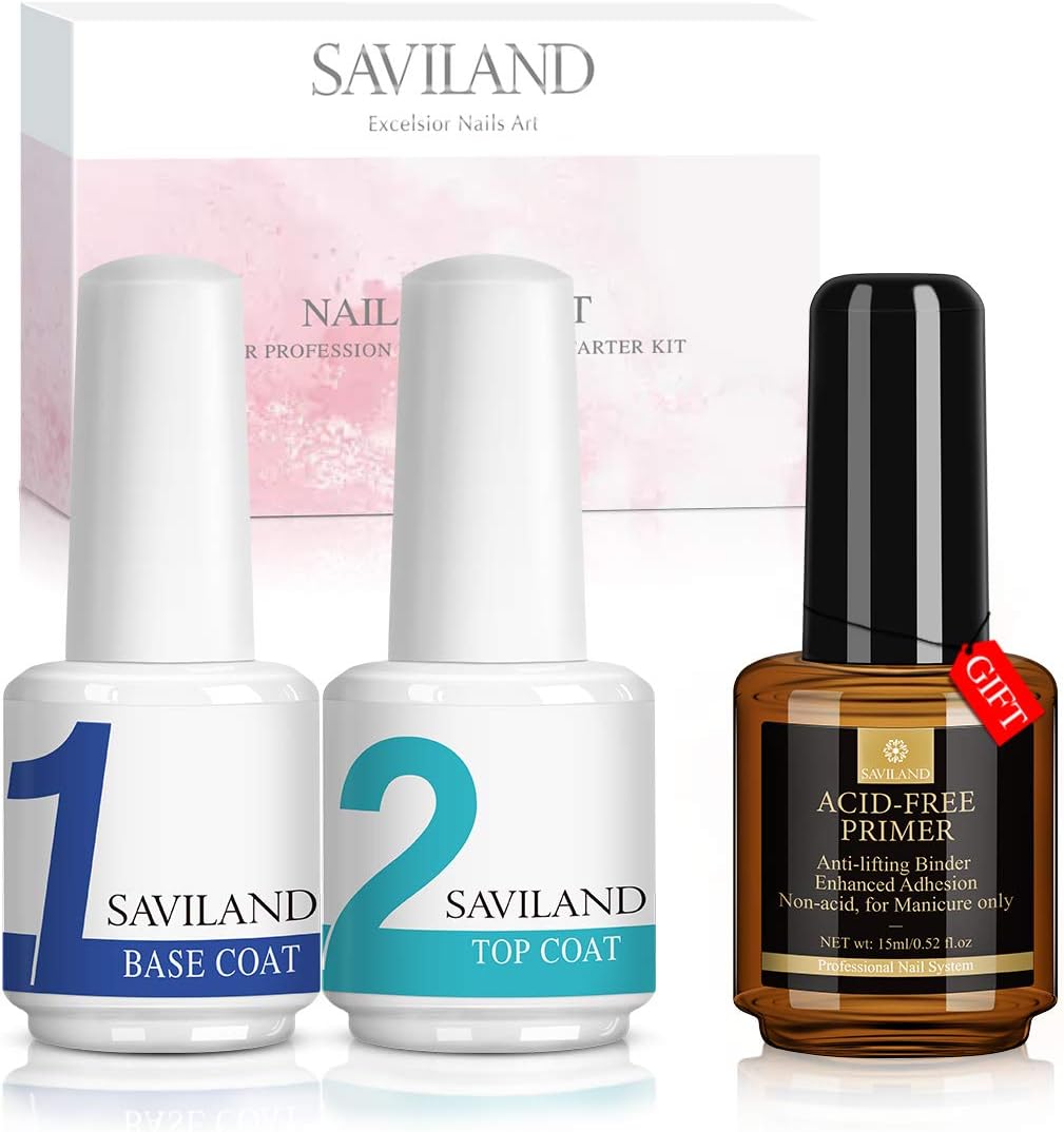 Saviland Nail Primer,Gel Base and Top Coat Set, Non-Acid Nail Primer No Wipe top Coat,Long Lasting Base Coat (3Pcs/15ml Each Bottle): Health & Personal Care