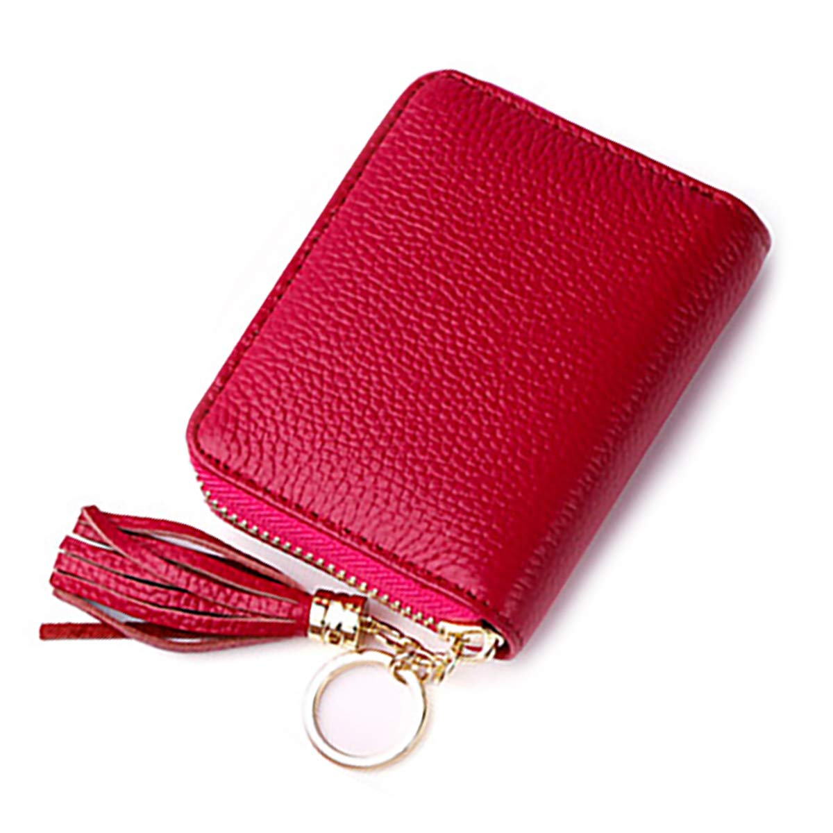 ZhengYue Credit Card Holder Blocking PU Leather Mini Credit Card Wallet Purse Key Chain with Zipper for Women Men Rose Red
