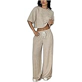 Verdusa Women's 2 Piece Airport Outfits Cropped T Shirts and Wide Leg Pants with Pockets Comfy Sets