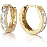 14k Yellow Gold Hoop Huggie Earrings with White Topaz