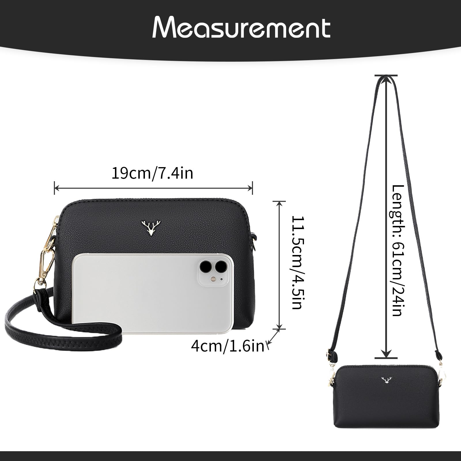 ZMDB Handtasche Damen Klein Umhängetasche Damen PU Leder Handytasche mit Handgelenkband & Verstellbar Abnehmbar Schultergurt, Schultertasche Damen Tasche Reißverschluss Crossbody Bag, Schwarz 4
