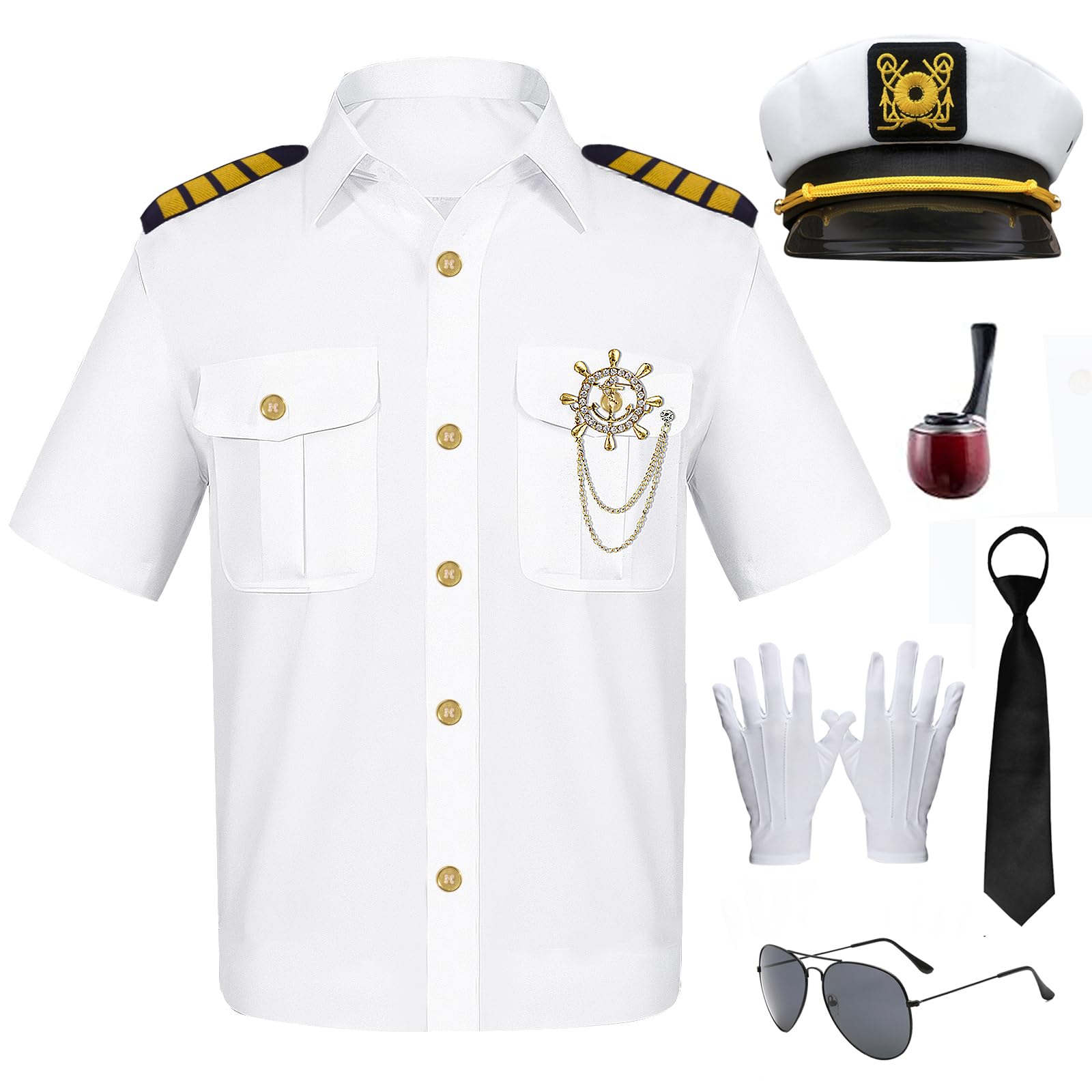 Mprocen Captain Costume Captain Shirt Captain Sailor Costume with Navy hat Pipe Sunglasses Tie Gold Anchor Pin Gloves Men Fancy Dress Costumes
