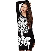RieKet Women's Halloween Costume Skeleton Dress Long Sleeves Stretchy Short Mini Dress