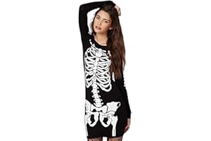 RieKet Women's Halloween Costume Skeleton Dress Long Sleeves Stretchy Short Mini Dress