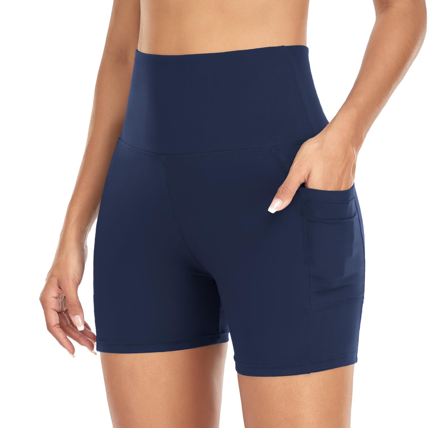 Photo 1 of GROTEEN 5" Biker Shorts with Pockets for Women – High Waisted Super Soft Black Workout Yoga Shorts Leggings