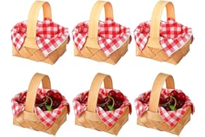 Xinghonyac 6 Pcs Mini Woven Baskets with Handles – 9x6x5.5 cm Rustic Wood Chip Picnic Baskets with 6 Red & White Gingham Napk