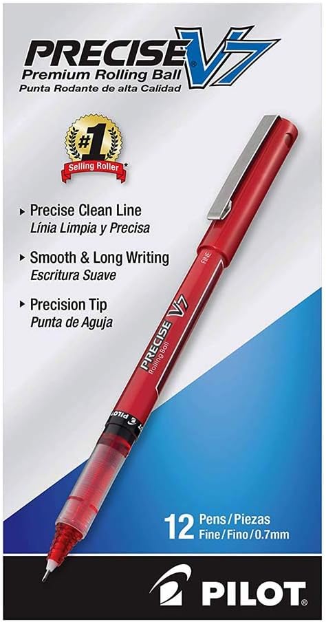 PILOT Precise V7 Stick Liquid Ink Rolling Ball Stick Pens, Fine Point (0.7mm) Red Ink, 12-Pack (35352) : Liquid Ink Rollerball Pens : Office Products