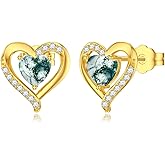 Ndocex 18K Gold Plated Heart Stud Earring for Women S925 Sterling Silver Moss Agate Stud Earrings Gift For Her