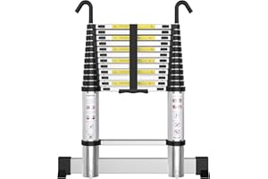 ARCHOM Telescoping Ladder with Hooks 12.5 FT - Aluminum Telescopic Ladder with Stabilizer - Retractable Extension Ladders for Home Loft Roof RV Work with EN131 Certification - 330lbs Max Capacity