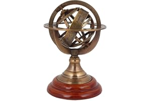 FYNJREX 5" Nautical Brass Armillary Sphere World Globe Astrolabe On Wooden Base Maritime Nautical Décor gift
