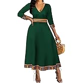 African Dresses for Women Elegant V Neck 3/4 Sleeve Casual Long Maxi African Attire Dress