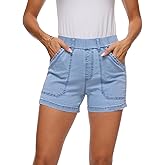YOCUR Womens Lightweight Denim Shorts Casual Baggy Beach Outdoor Short Pants Elastic Waist High Waisted Pocket Workout Shorts