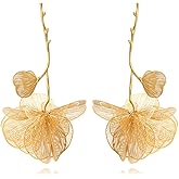 CETVLY Large Long Gold Plated Flower Tassel Drop Dangle Earrings for Women Unisex Exaggerated Statement Floral Metal Boho Earrings Trendy Fashion Plant Earrings Chic Jewelry