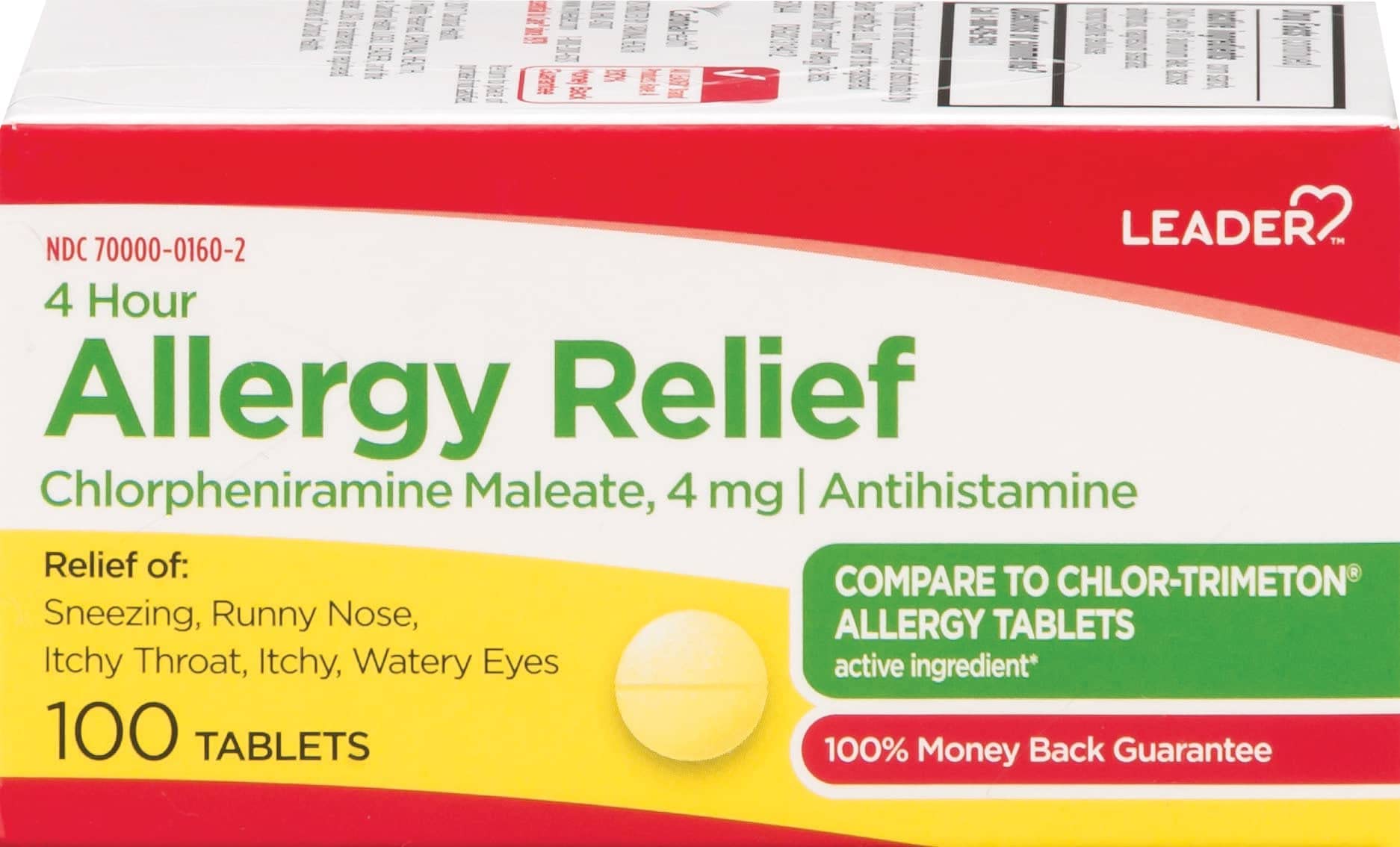 Leader 4 Hour Allergy Relief, Chlorpheniramine Maleate Tablets, Antihistamine, 4 mg, 100 Count, Pack of 2