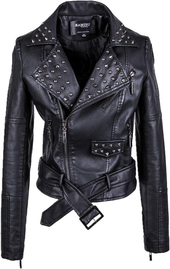 RAMISU Punk Rock Women Leather Jacket with Rivets Slim Pu Leather Coat (B,XXL) Black