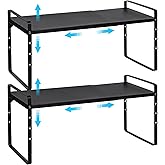15.5 to 25.5 Inch Expandable Kitchen Cabinet Organizer Shelf, 2 Pack 30 LBS Heavy Duty Adjustable Kitchen Counter Storage Shelves Organizers,Stackable Small Storage Shelf Rack For Cabinet Cupboard