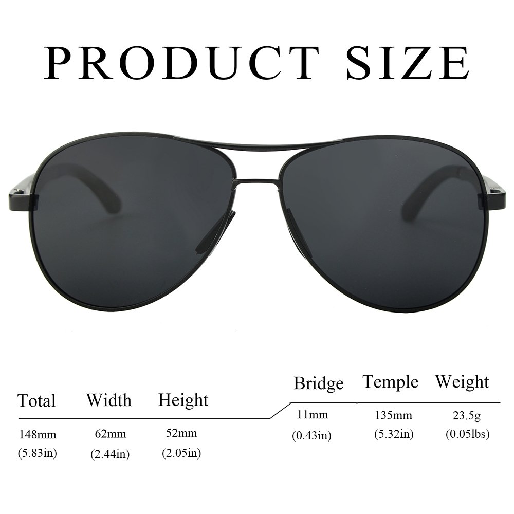 WELUK Aviator Sunglasses for Men Polarized Military Mirrored Pilot Retro Glasses (Black & Black, 62)