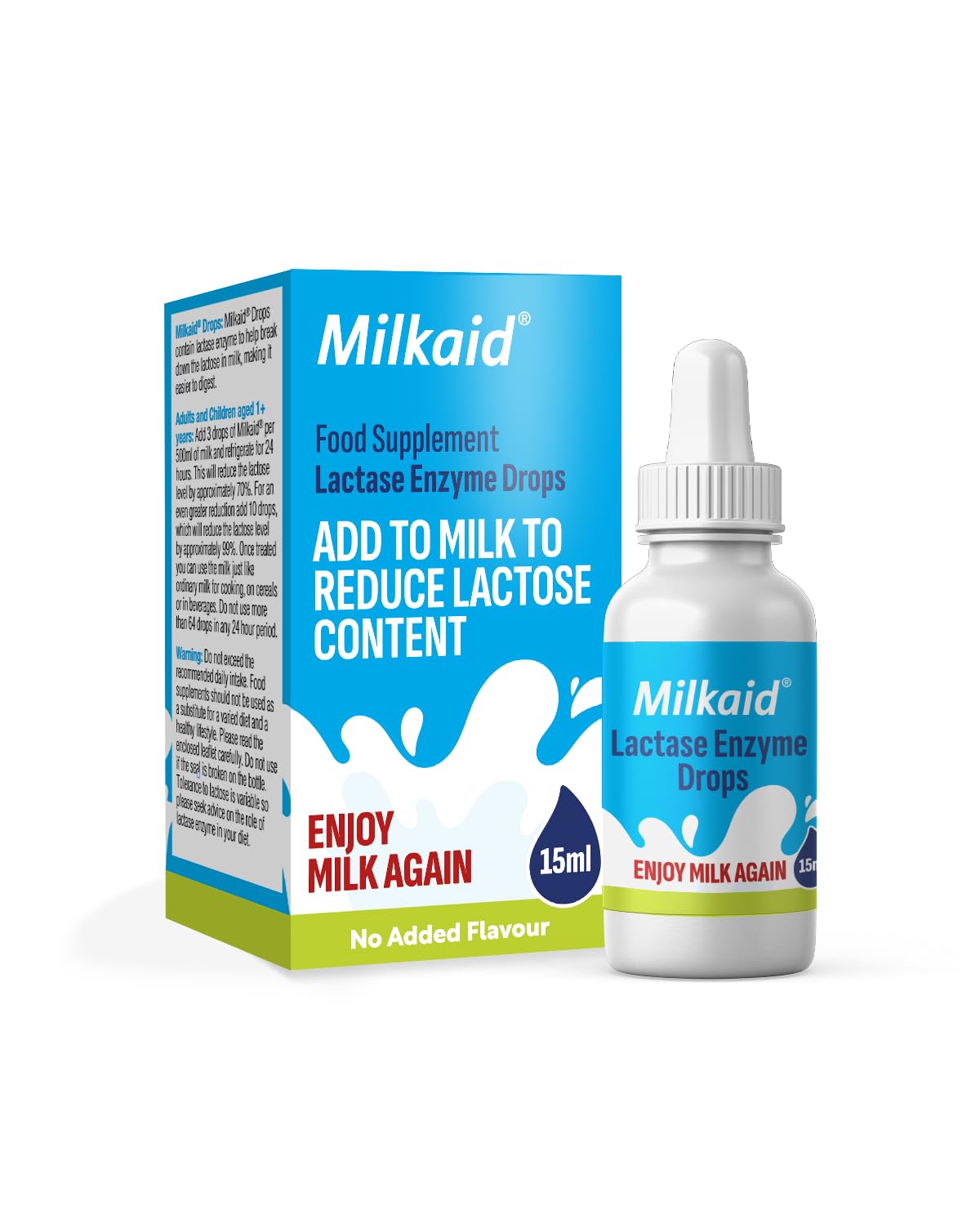 Milkaid Lactase Enzyme Drops 15ml – Lactose Intolerance Relief – Reduces Milk Lactose – Unflavoured