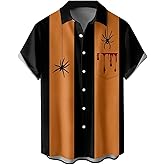 Mens Halloween Shirt Pumpkin Printed Hawaiian Bowling Short Sleeve Casual Button Down Holiday Shirts