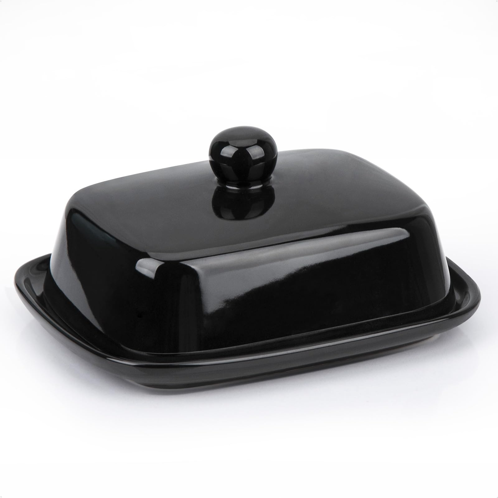 HONZUEN Black Ceramic Butter Dish with Lid, Small Porcelain Butter Dish for Countertop, Covered Butter Container with Handle